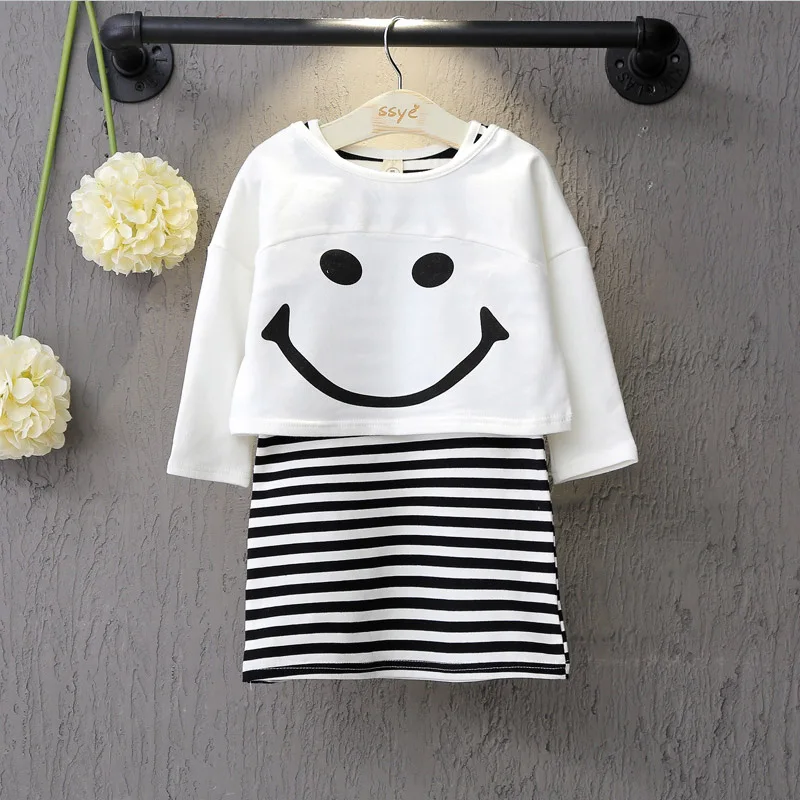 2017 Весна Осень Мода Стиль Девушки Одежда Наборы Дети Полоса Жилет Юбка Рукава