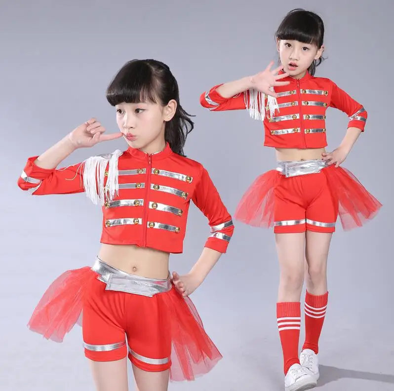 

New Girls Sexy Modern Dance Cheerleading Dance Costumes Kids Group Dance Red Jazz Ballroom Tango Dress Children Dance Clothes