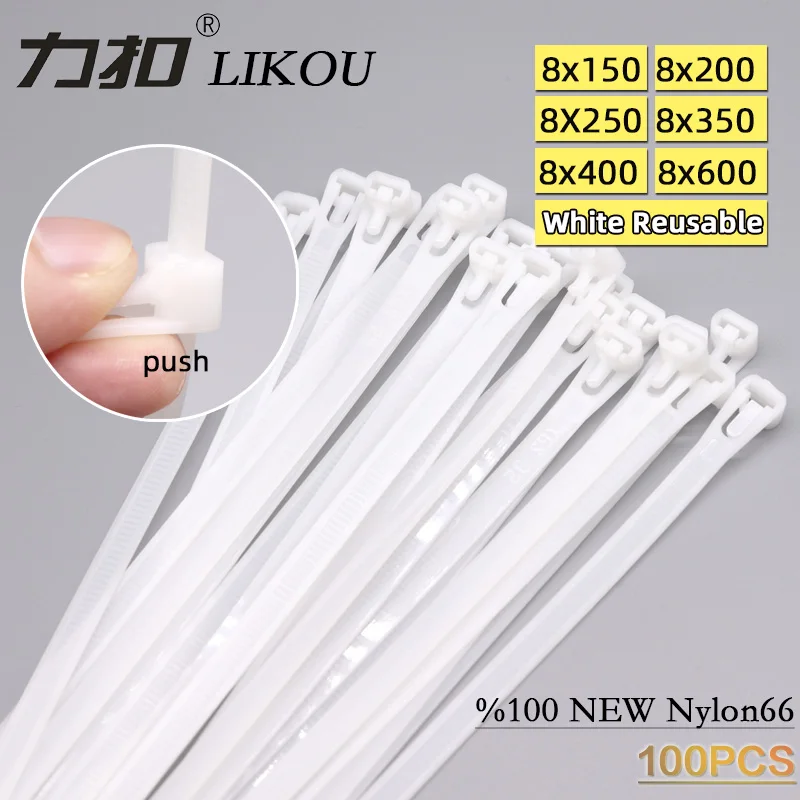 Многоразовые нейлоновые кабельные стяжки 8x150 мм 8x200 мм 8x300 мм 8x400 мм slipknot пластиковые стяжки на молнии 100 шт. белый черный