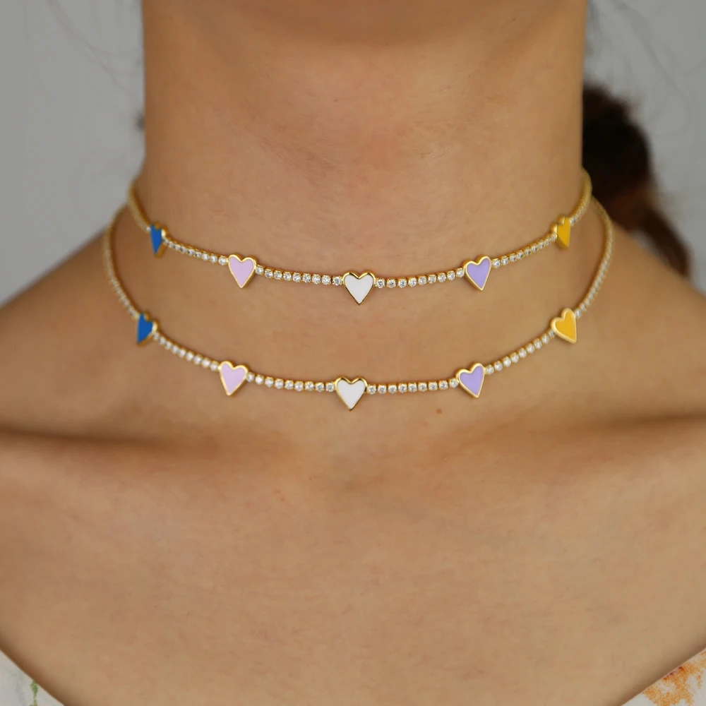 2021 summer gift women jewelry tennis cz choker thin chain rainbow heart charm white pink yellow purple colorful necklace | Украшения и
