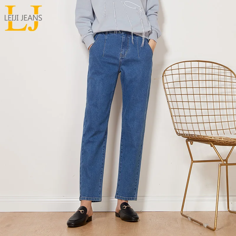 Женские винтажные джинсы LEIJIJEANS модные голубые полной длины с высокой посадкой