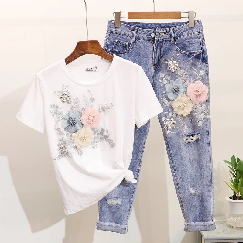 

Amolapha Women Heavy Work Embroidery 3D Flower Tshirts + Jeans 2pcs Clothing Sets Summer Casual Suits