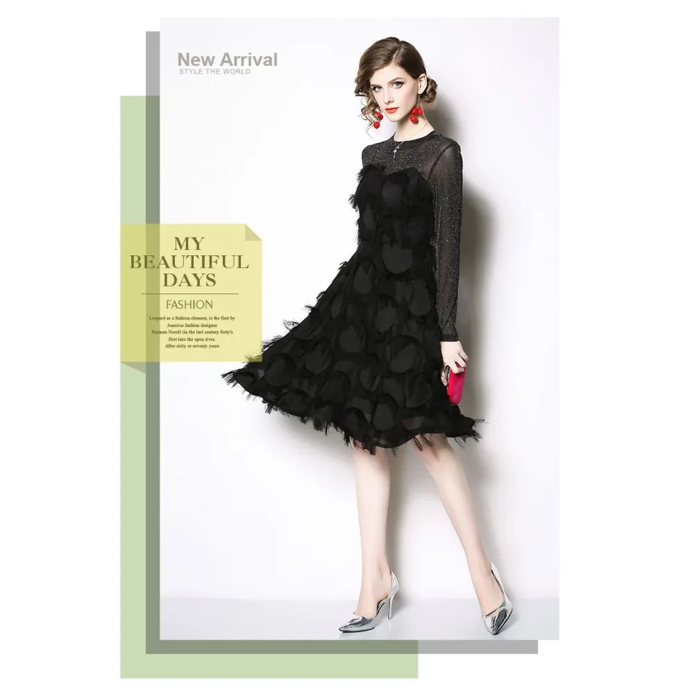 Женское платье с аппликацией черное прозрачное до колена рукавами на плечах и