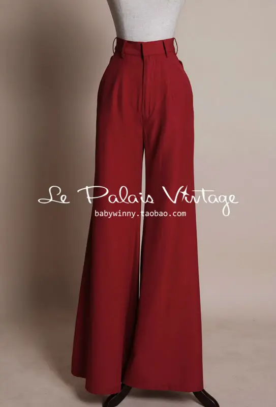 FREE SHIPPING Le Palais Vintage elegant retro classic dark red waisted skinny all-match wide leg pants