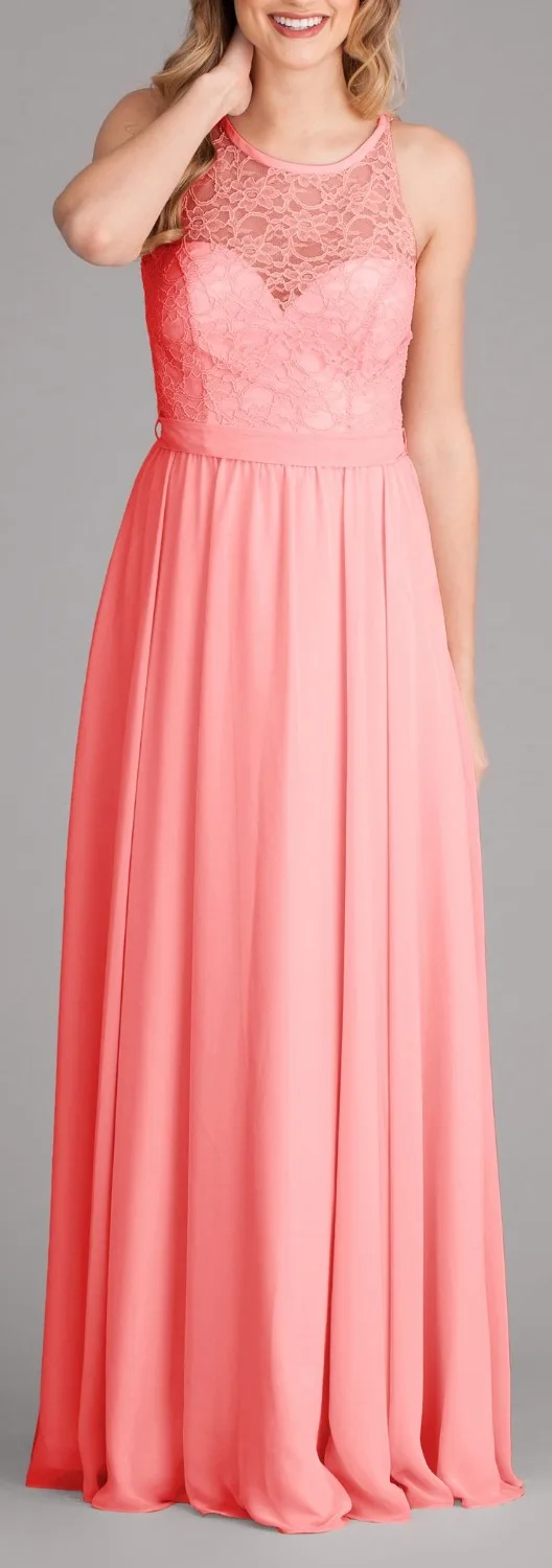 Stunning Chiffon Bridesmaid Dresses 2017 Lace Bodice Overlay High Illusion Neckline Long Wedding Party Gowns Prom Dress | Свадьбы и