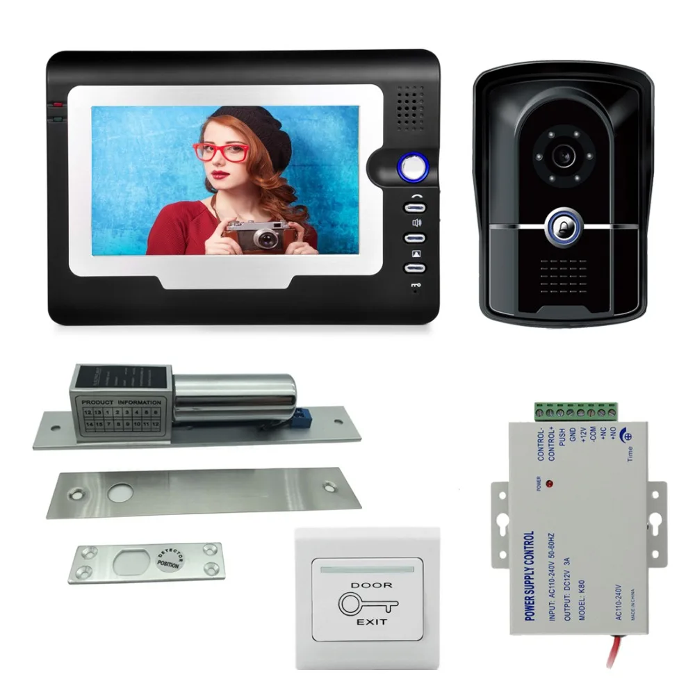 7 inch Video Doorbell Intercom Door Phone System Kit Waterproof Camera with Night Vision+ Electric mortise lock +Power supply