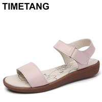 TIMETANG  Women Sandals High Quality Comfortable Leather Flat Breathable Sandals Lady Shoes Woman Shinny Navy Blue Sandalias