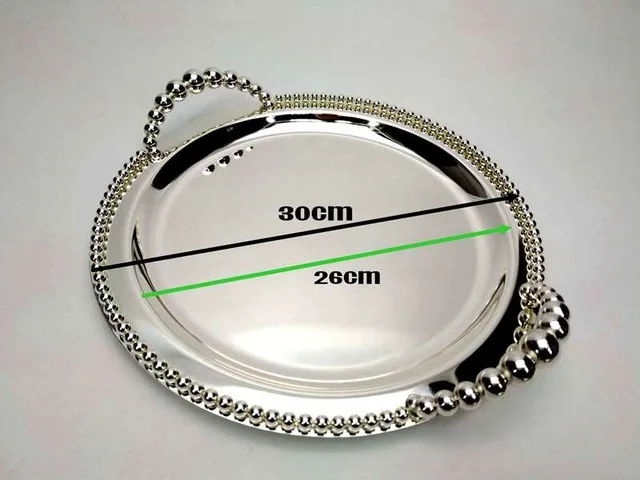 medium size 30cm Круглый посеребренный поднос для сервировки духов зеркальный лоток для десерта Блюдо Поднос для посуды стойка с бисером декоративные ручки - Цвет: medium size 30cm