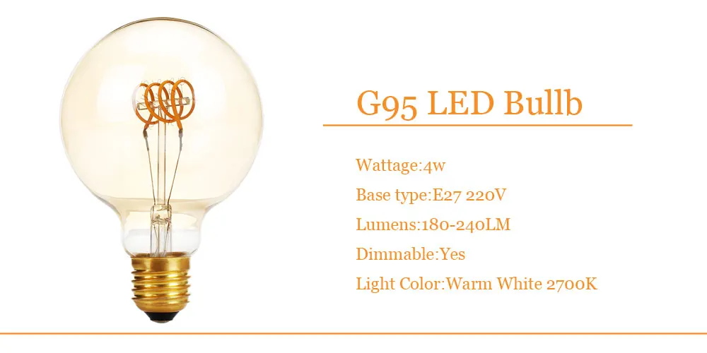 G95 диммируемая Золотая лампа Эдисона led E27 AC 220V 4W спиральная Янтарная Ретро