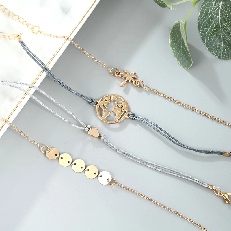 4 Pieces / Set Of Bohemian Bracelet Multi-Layer Metal Adjustable Heart Handmade Chain Ladies Jewelry Decorations | Украшения и