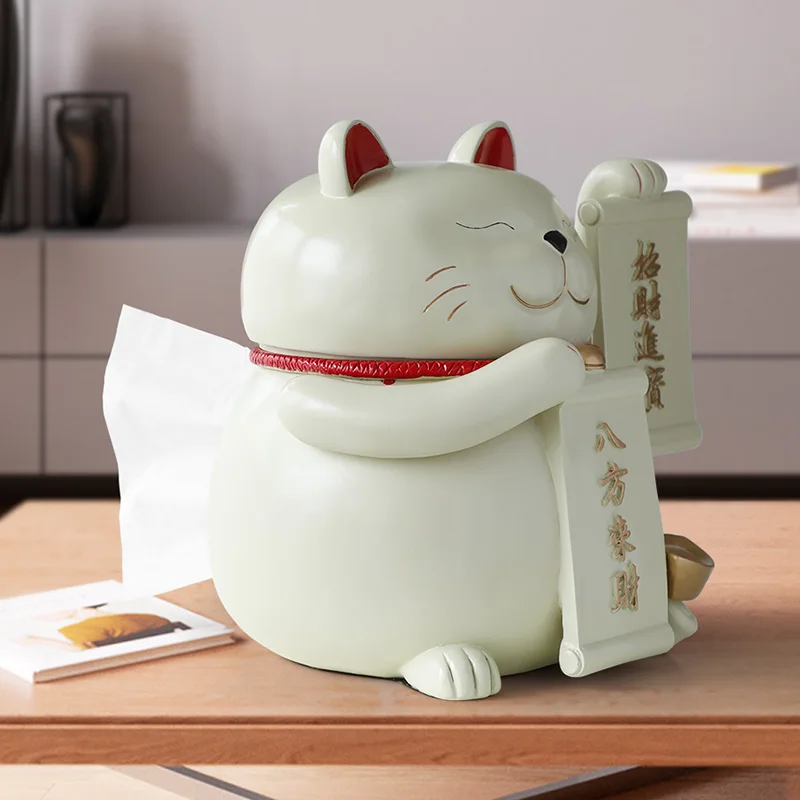 Статуя счастливая кошка из смолы с коробкой для салфеток настольного декора фэн