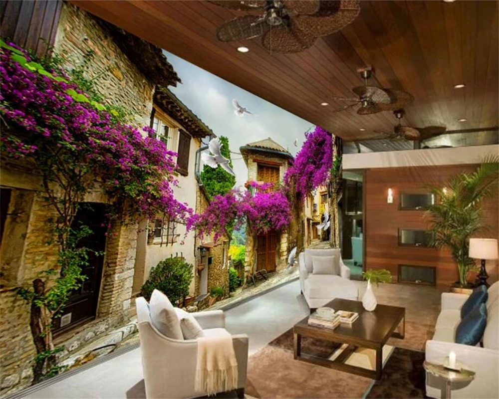 Пользовательские 3d стерео обои ретро аллея фиолетовые розы цветы Гостиная ТВ фон