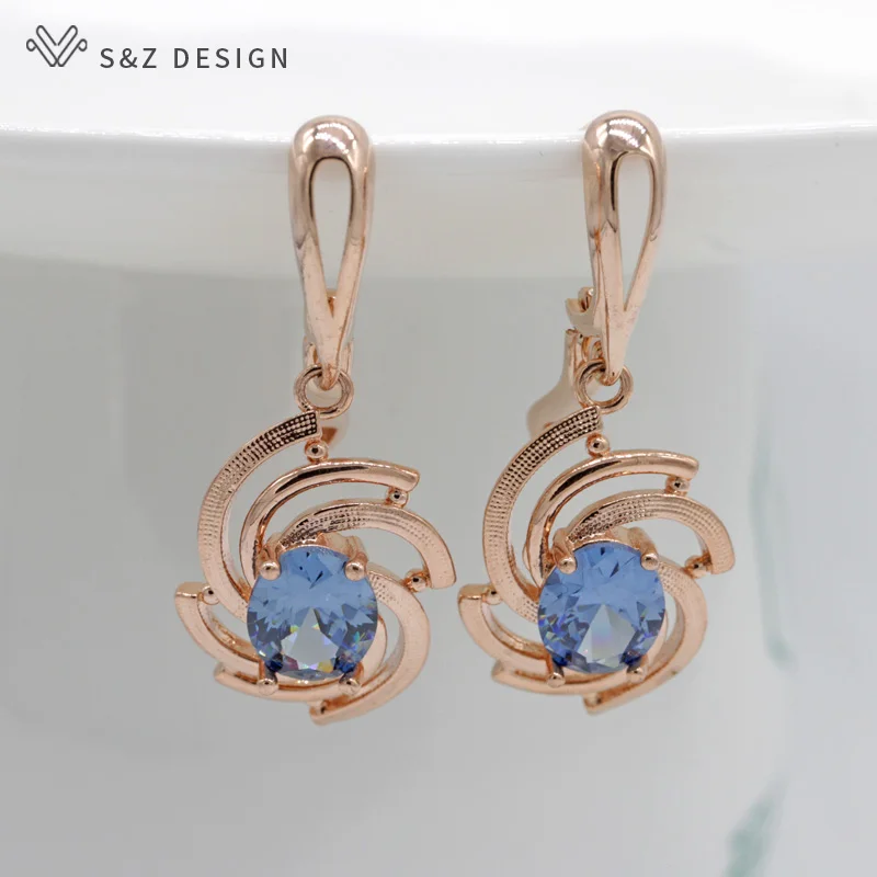 S&ampZ New Spiral 585 Rose Gold Color AAA Cubic Zirconia Earrings Hook Korean For Women Fashion Jewelry Anti-allergy Eardrop | Украшения и