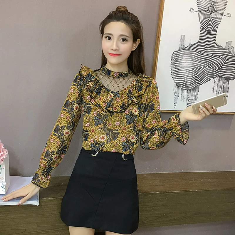 

chiffon Spring fall Women's Clothing Korean New Arrival floral Blouses mash hollow out ruffles flare sleeve hipster long Shirts
