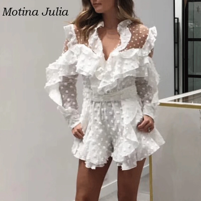 Motina Julia 2019 летний сексуальный шифоновый комбинезон в горошек женский с v образным