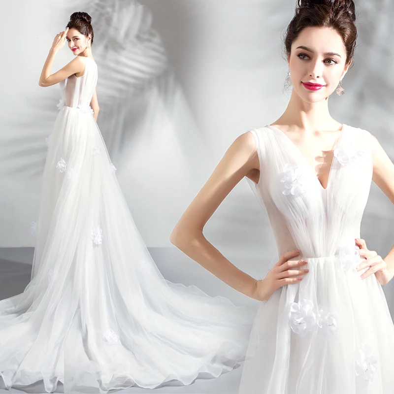 

Sexy V-neck Flowers Sleeveless Small Trailing Wedding Dress 214