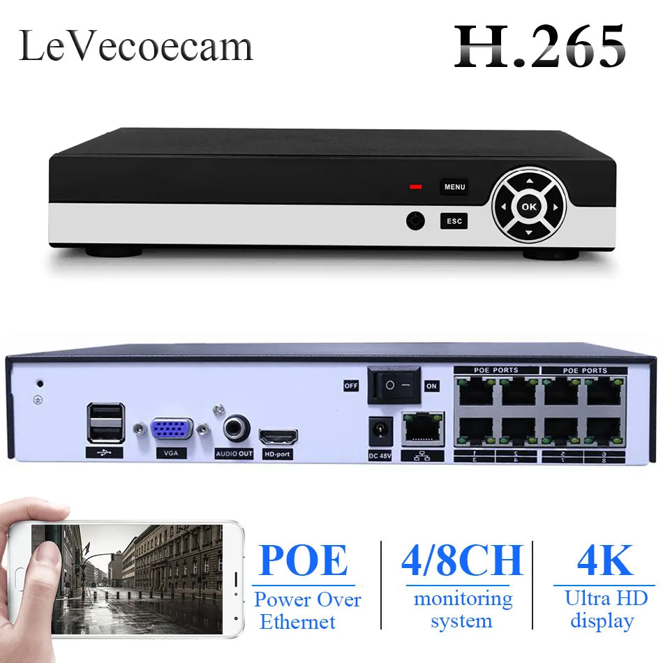 IP камера видеонаблюдения H.265 H.264 4/8 каналов 48 В POE NVR P2P ONVIF сетевой видеорегистратор
