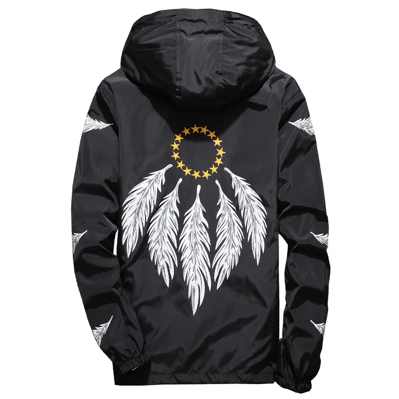 Bomber Jacket Feather Print Thin Slim Long Sleeve Jackets Hooded Windbreaker Zipper Outwear Brand Clothing L202 | Мужская одежда