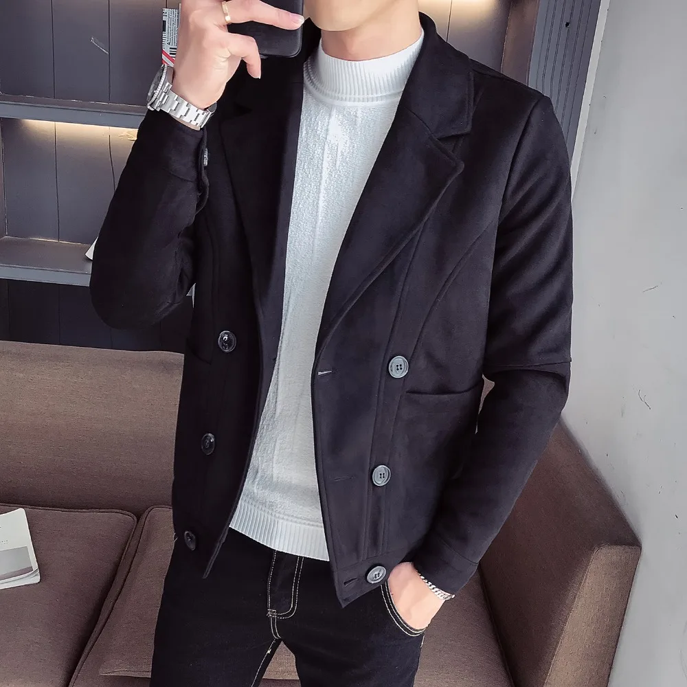 Мужская замшевая куртка простой двубортный приталенный жакет в британском стиле