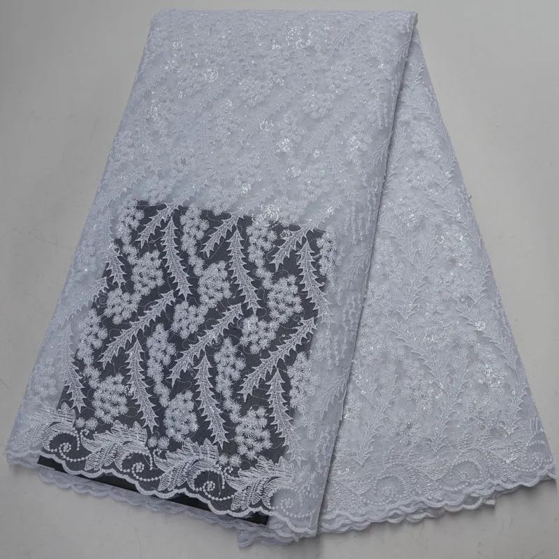 

Free shipping (5yards/pc) high quality pure white African tulle lace embroidered French net lace fabric with sequins FLP946