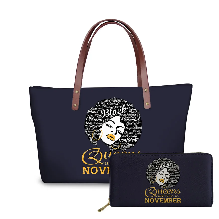 YQ3009ALZ21 FORUDESIGNS/2 шт., женские сумки, наборы, Черная Королева, африканские девушки, печать, большие сумки на плечо, женские сумки шопперы, женская сумочка и кошелек - Цвет: YQ3009ALZ21