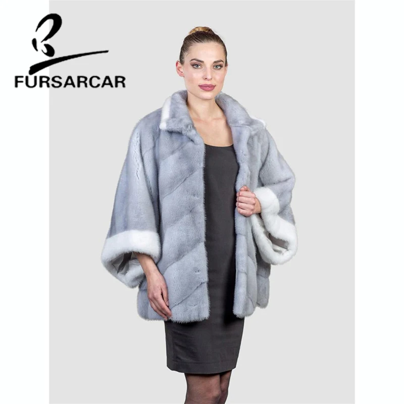 FURSARCAR Bat Sleeved Real Fur Coat Women Winter New Style Thick Mink Fur Coat With Fur Collar Female Luxury Mink Fur Jacket