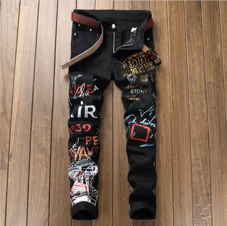 2021 мужские повседневные джинсы карандаши Печать Slim Fit джинсовые брюки в стиле хип