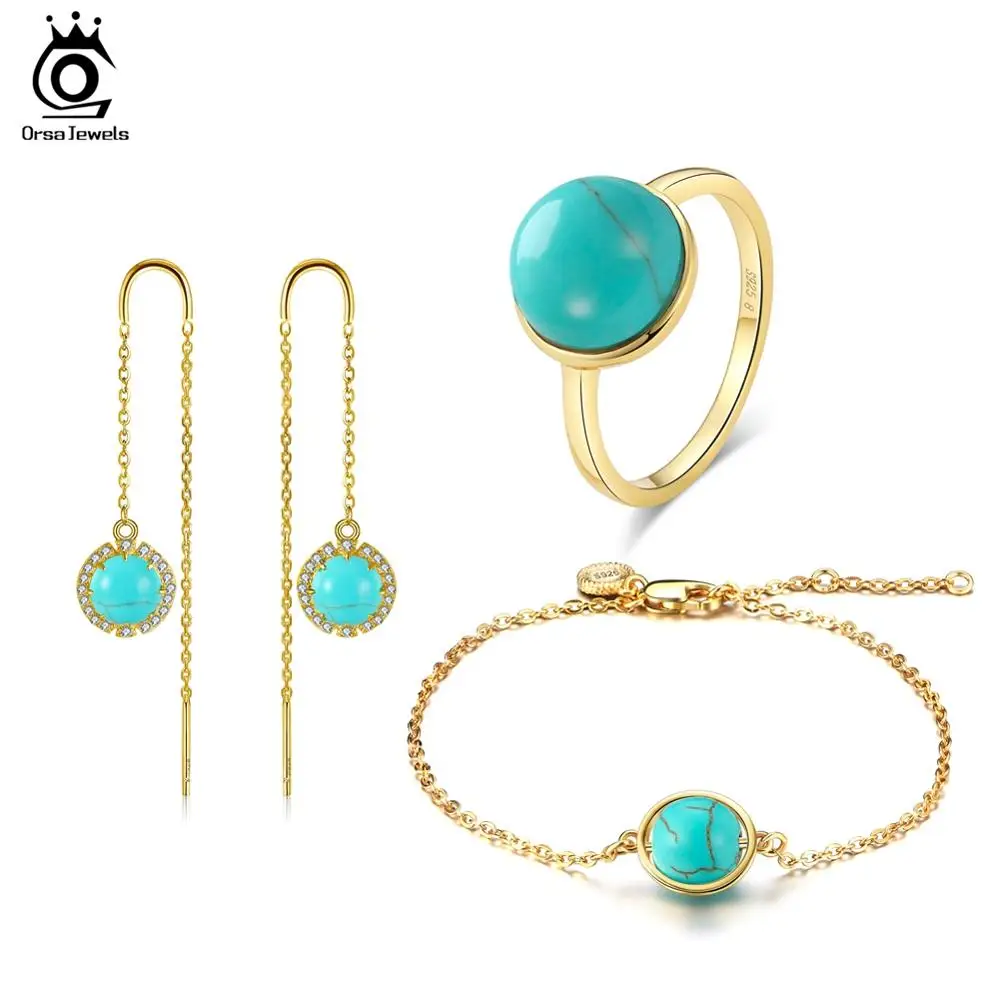 ORSA JEWELS 925 стерлингового серебра женские кольца полудрагоценный камень бирюзовый серебряный браслет+ жемчужные серьги ювелирные украшения набор OSS26