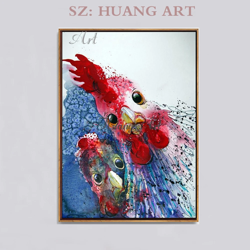 

Skilled Artist Handmade Funny Lovely Animal Cock Oil Painting on Canvas Hand-painted Funny Rooster Oil Painting for Living Room