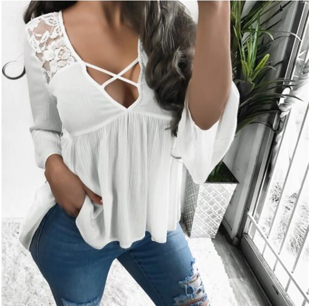 

Long Sleeve Shirt Women Flare Sleeve Lace V Neck Tee Shirts pullovers Ladies Hollow Out T Shirt Casual Loose T-Shirts For Women