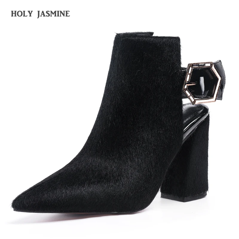 

2019 New Horse Hair Ankle Boots Woman Pointed Toe Square heel Metal Buckle High Heel Boots Woman Fashion Ankle Boots for Women