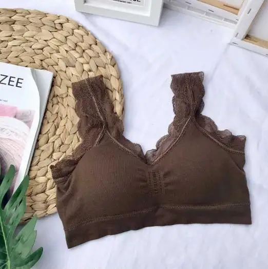 deep coffee color Бюстгальтер с кружевной подкладкой для женщин, модный беспроводной бюстгальтер, 4 цвета, летний укороченный топ для девочек, нижнее белье, свободный размер - Цвет: deep coffee color