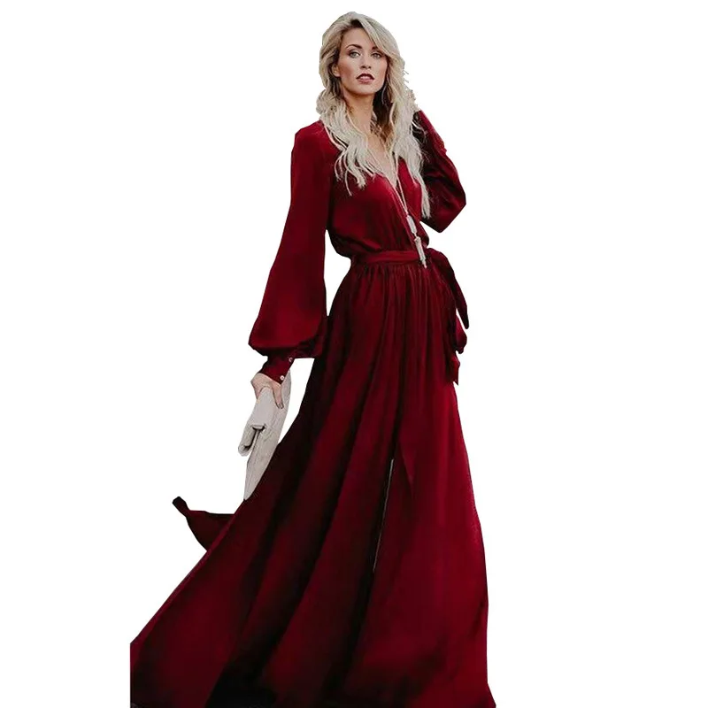 Женское винтажное платье макси с длинным рукавом V образным вырезом и