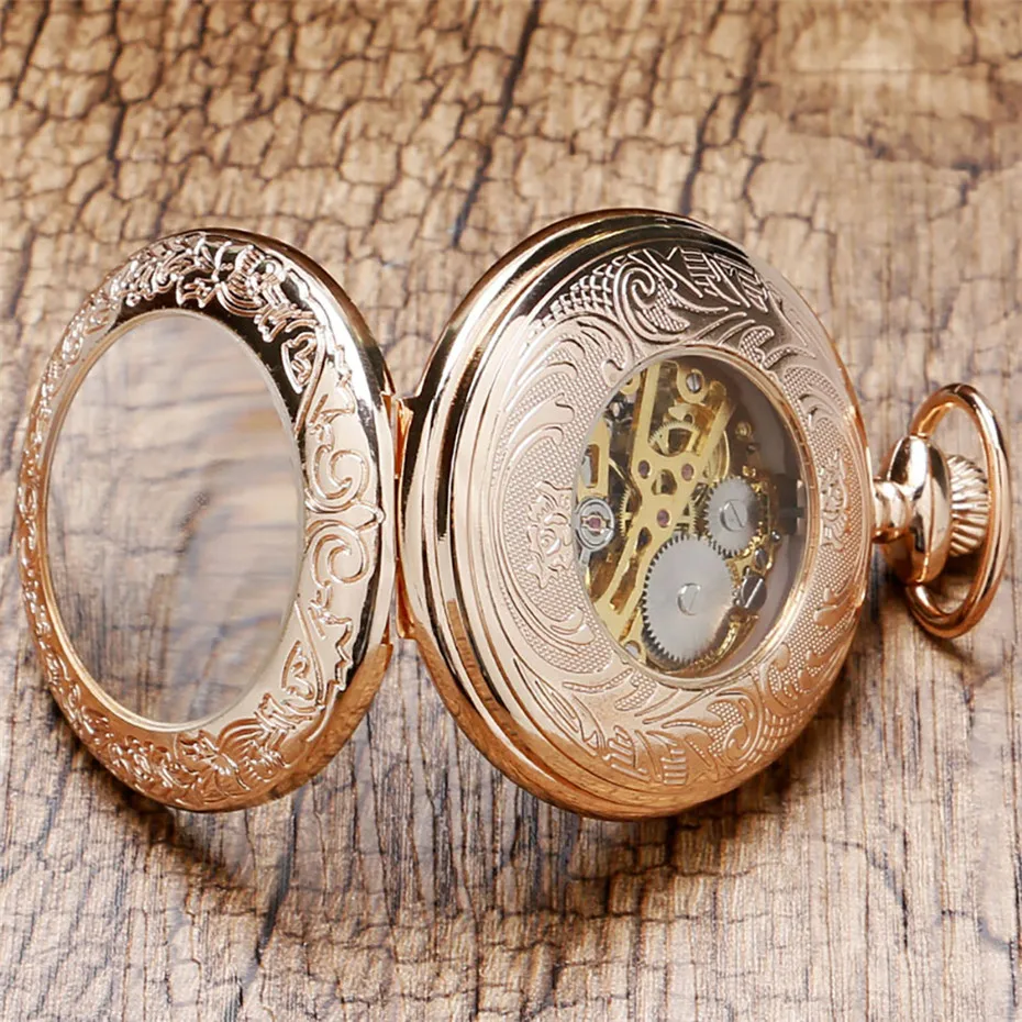 Antique Rose Gold Transparent Glass Roman Numerals Mechanical Hand Wind Pocket Watch Souvenir Pendant Clock Gifts Men Women