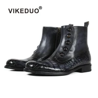 vikeduo round toe black crocodile leather boots men patchwork handmade patina cow skin autumn winter zipper button ankle boots