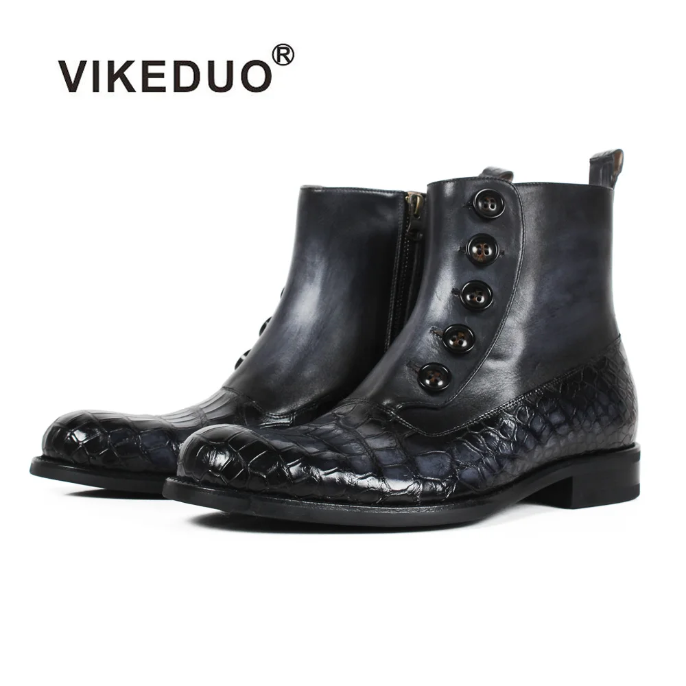Ботинки VIKEDUO мужские черные из крокодиловой кожи с круглым носком в стиле пэчворк