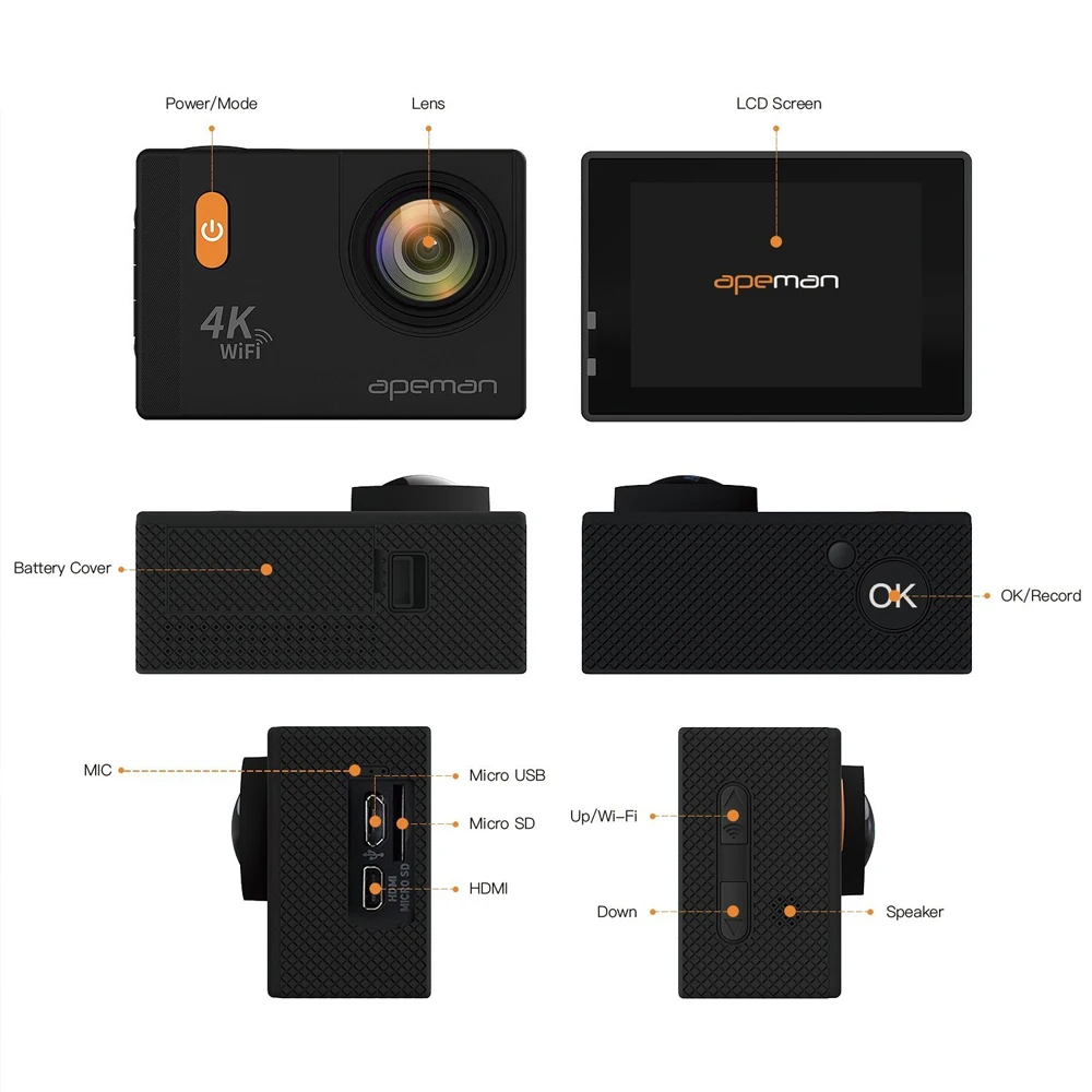 Apeman действие 20 14 12MP Камера 4 К 1080 P WI FI FHD 2.0 дюймов 170D Go ВОДОНЕПРОНИЦАЕМЫЙ PRO Спорт Cam