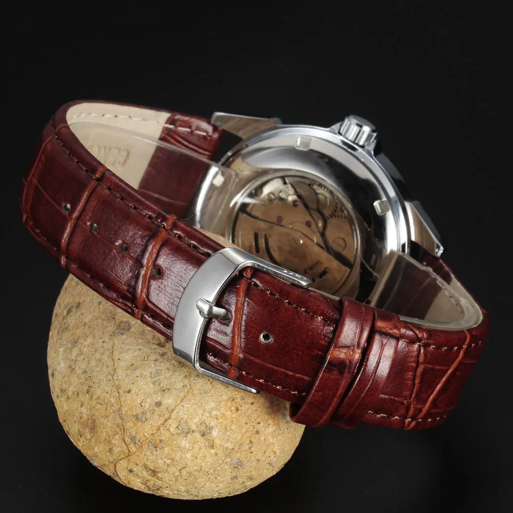 Мужские механические наручные часы-скелетоны с кожаным ремешком