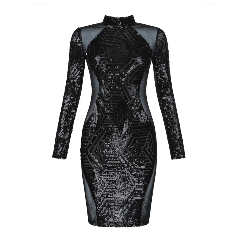 INDRESSME 2019 Новое Женское Сетчатое облегающее платье с длинным рукавом блестками и