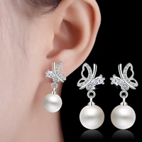 luxury crystal aaa zirconia cute butterfly pearl stud earrings for women fashion 925 sterling silver earring top jewelry
