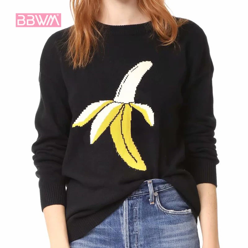Elegant Women's 2018 Autumn Retro Exquisite Banana Embroidery Wild Foundation Round Neck Pullover Long Sleeve Sweater | Женская