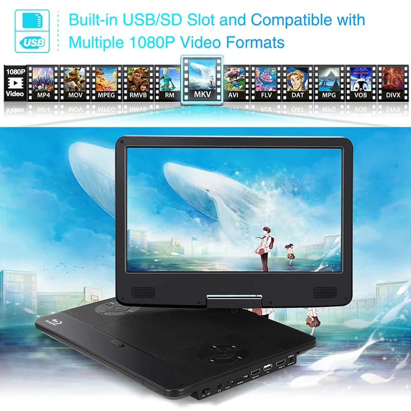 14&quot TFT Auto Tragbarer Blu-ray DVD Player 1080P HDMI TV USB Heimkino Dolby AKKU Portable | Электроника