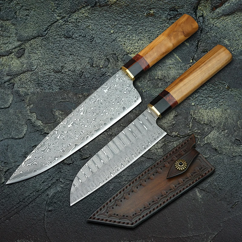 Японский нож шеф повара FZIZUO из дамасской стали ножи Santoku с ручкой оливкового