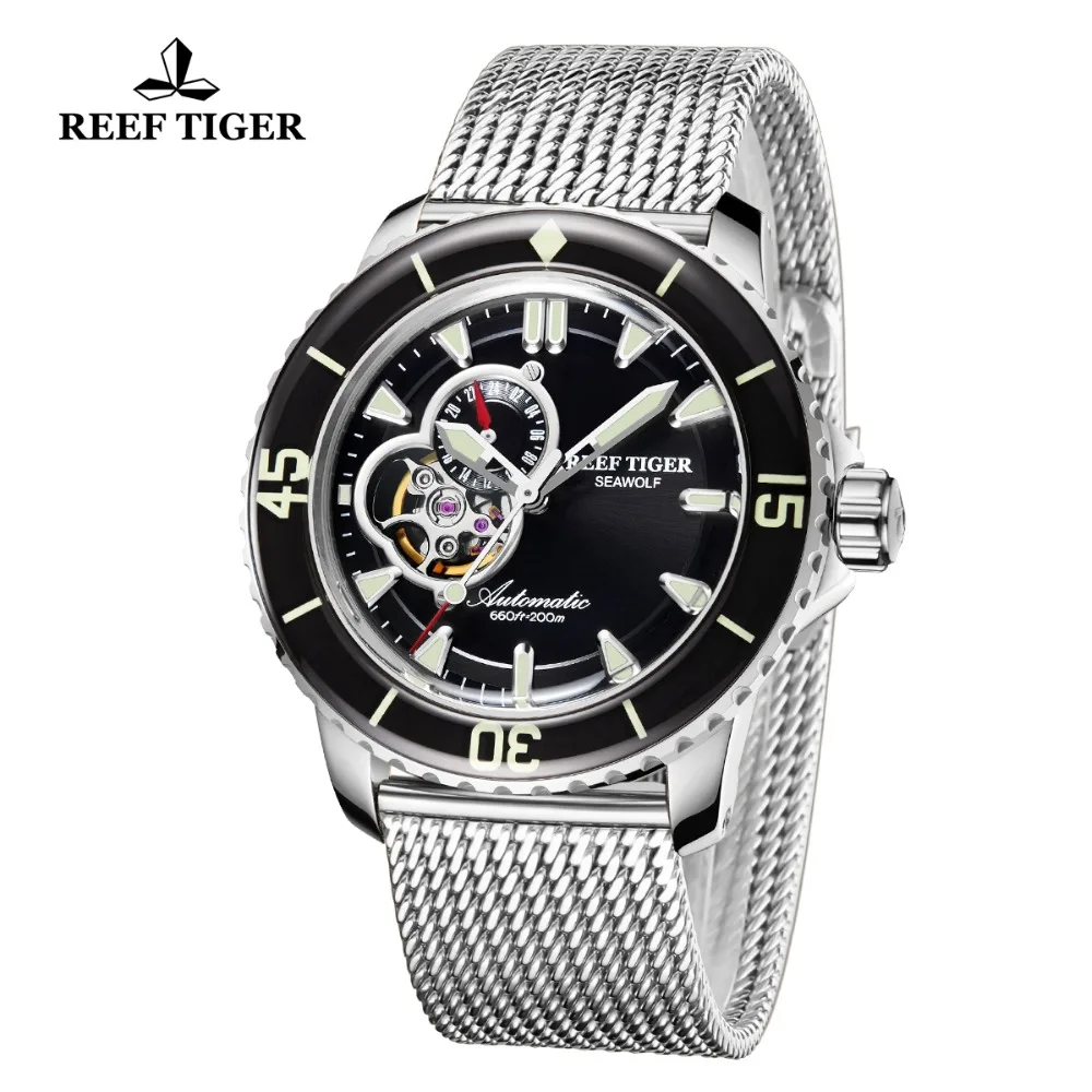 Reef Tiger/RT лучший бренд все черные Автоматические механические часы мужские Супер Светящиеся военные часы водонепроницаемые спортивные часы RGA3039