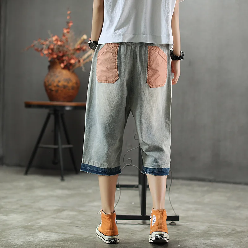 Летние джинсы для женщин Ретро стиль эластичный пояс тонкие джинсовые штаны