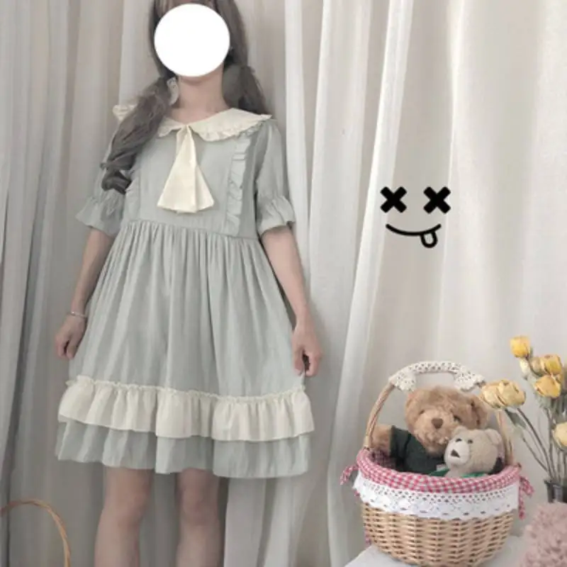 

Women Japanese Doll Collar Lolita Dresses Soft Sister Bow Short Petal Sleeve Dress Sweet Lolita Daily Dress Cosplay Summer Dres
