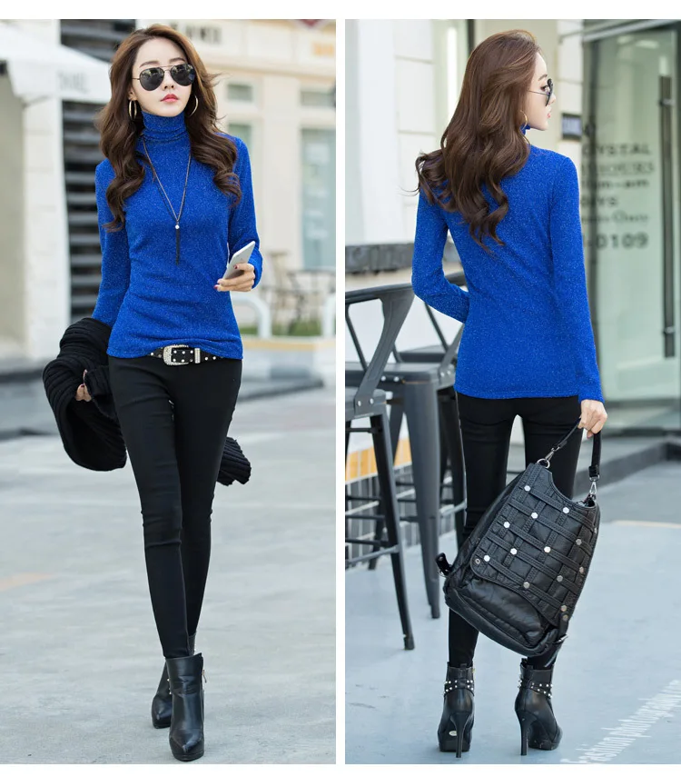 Glitter Fleece Sweater Female Skinny Cotton Turtleneck Top Women Winter Ladies Pullovers Warm Sweatshirt | Женская одежда