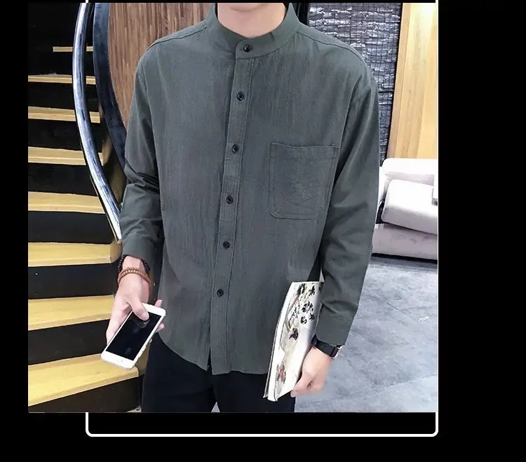 

2019 New Men's Linen Shirts Chinese Mandarin Collar Cotton Linen Shirts Male Autumn Casual Long Sleeve White Black Flax Shirts