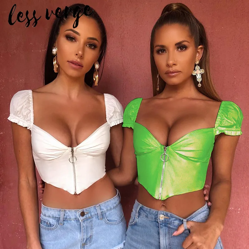 Lessverge короткий рукав тонкий белый сексуальный укороченный Топ для женщин рюшами
