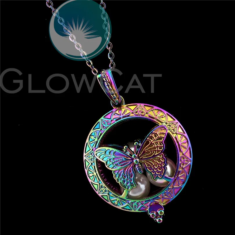 

R-C830 Rainbow Insect Butterfly Beads Cage Pendant Perfume Diffuser Aroma Pearl Cage Locket Necklace